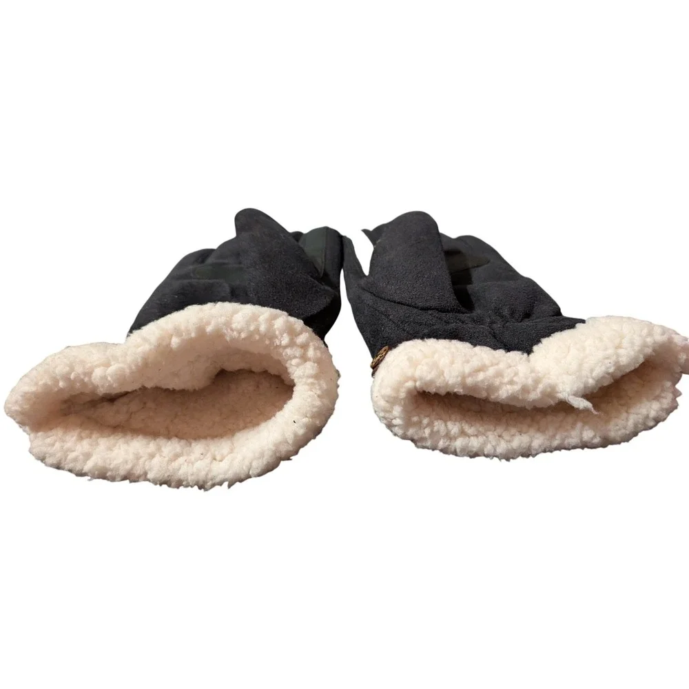 Womens Black Faux Suede Winter Gloves Faux Shearling Trim Button Detail Cozy